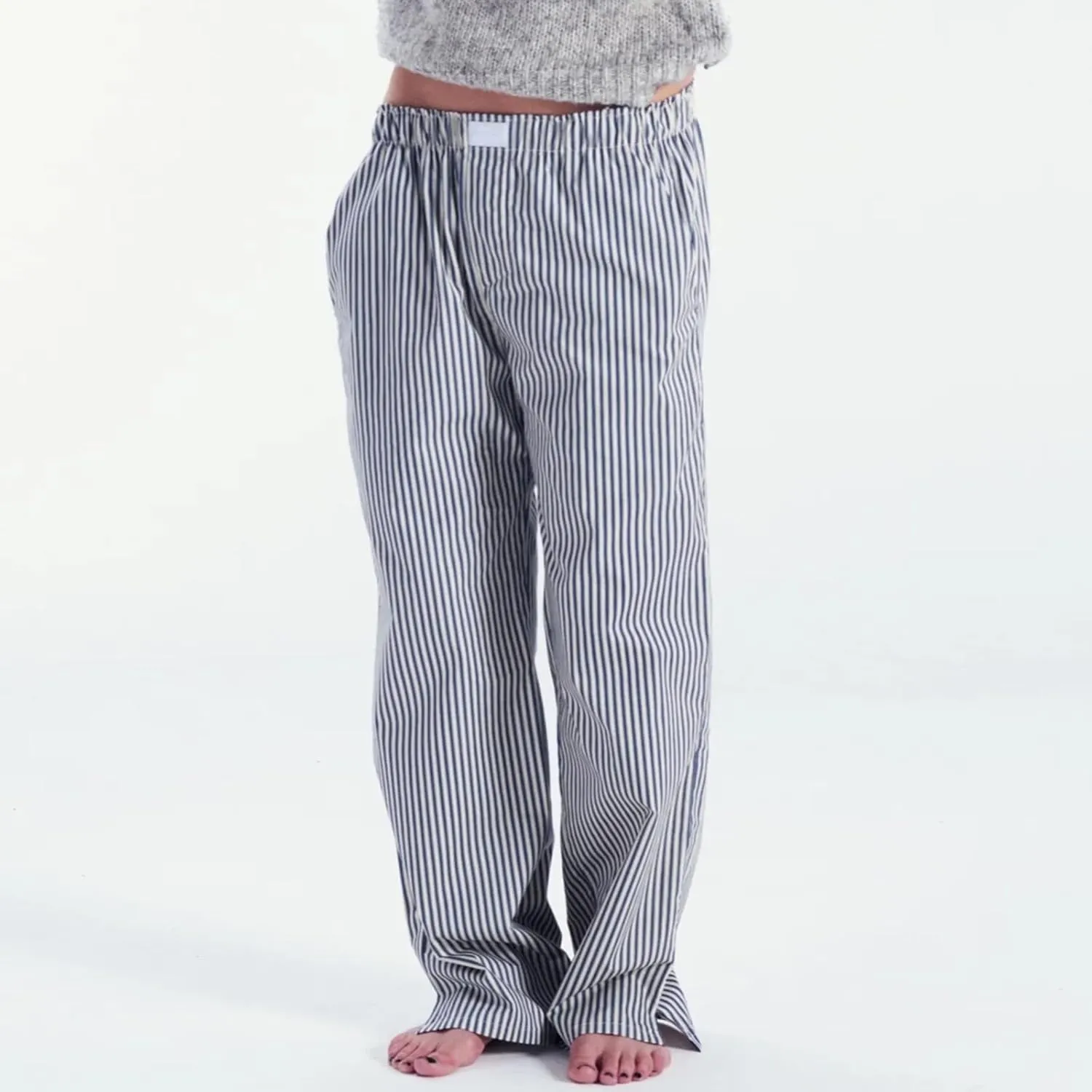 Women's Stripe Pajama Pants Y2K Elastic High Waisted Wide Leg Pants Loose Lounge Sleep Pants Trousers with Pockets