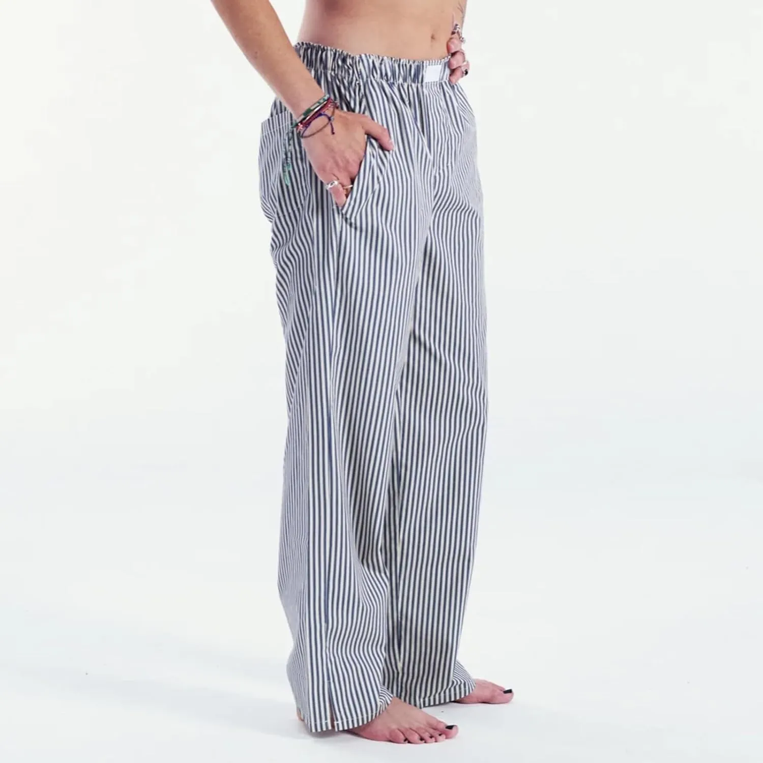 Women's Stripe Pajama Pants Y2K Elastic High Waisted Wide Leg Pants Loose Lounge Sleep Pants Trousers with Pockets