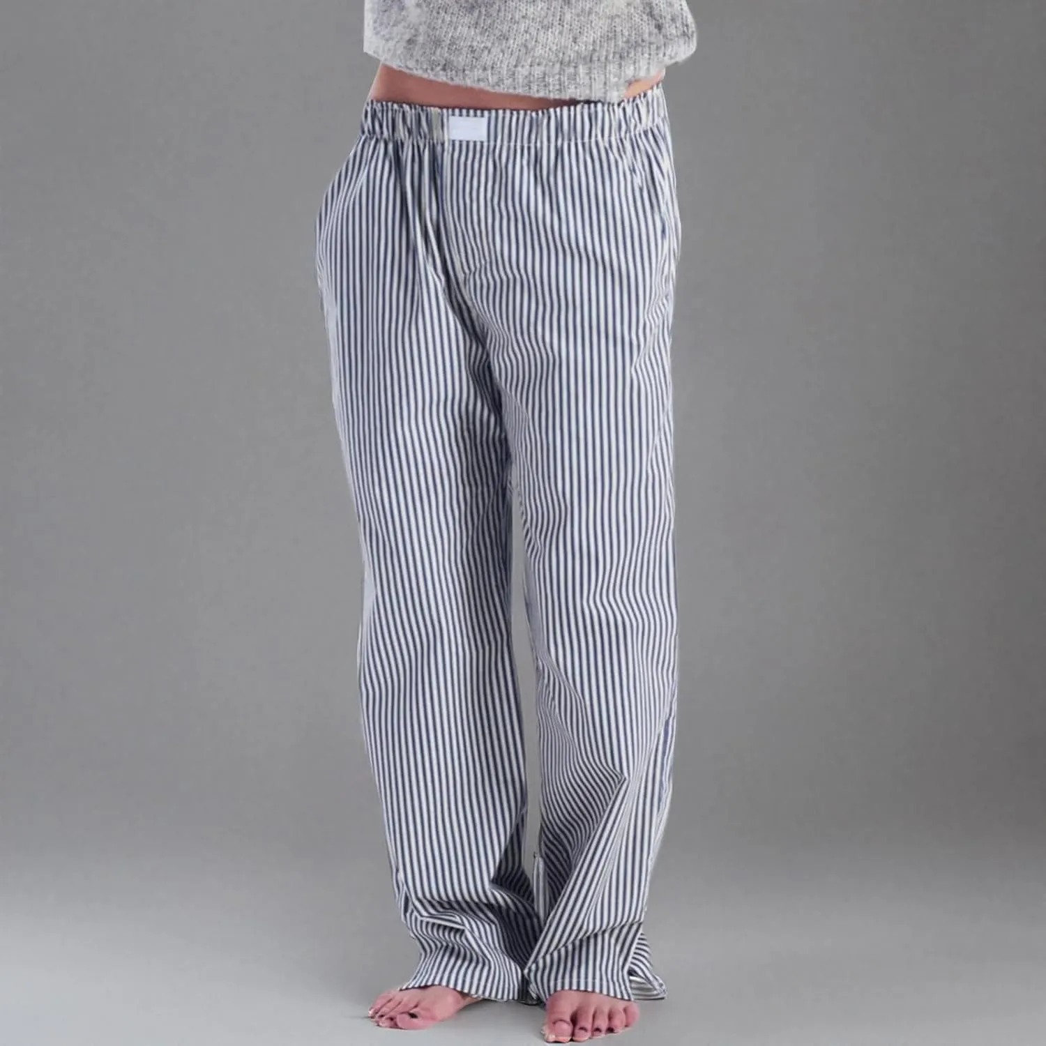 Women's Stripe Pajama Pants Y2K Elastic High Waisted Wide Leg Pants Loose Lounge Sleep Pants Trousers with Pockets