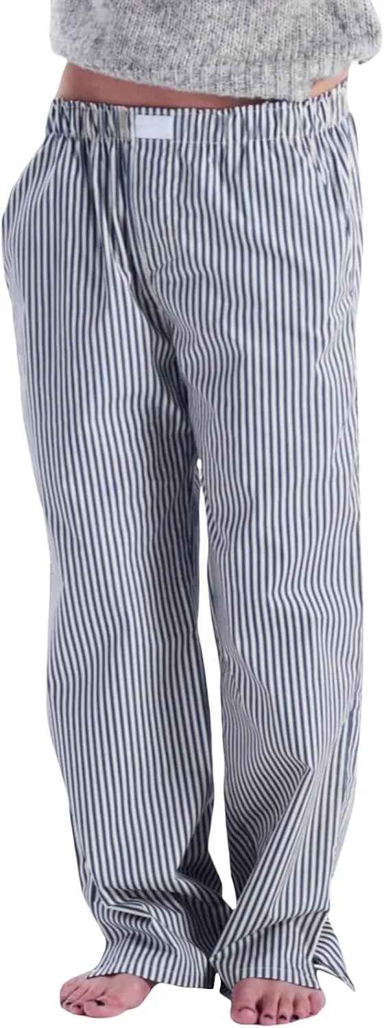 Women's Stripe Pajama Pants Y2K Elastic High Waisted Wide Leg Pants Loose Lounge Sleep Pants Trousers with Pockets