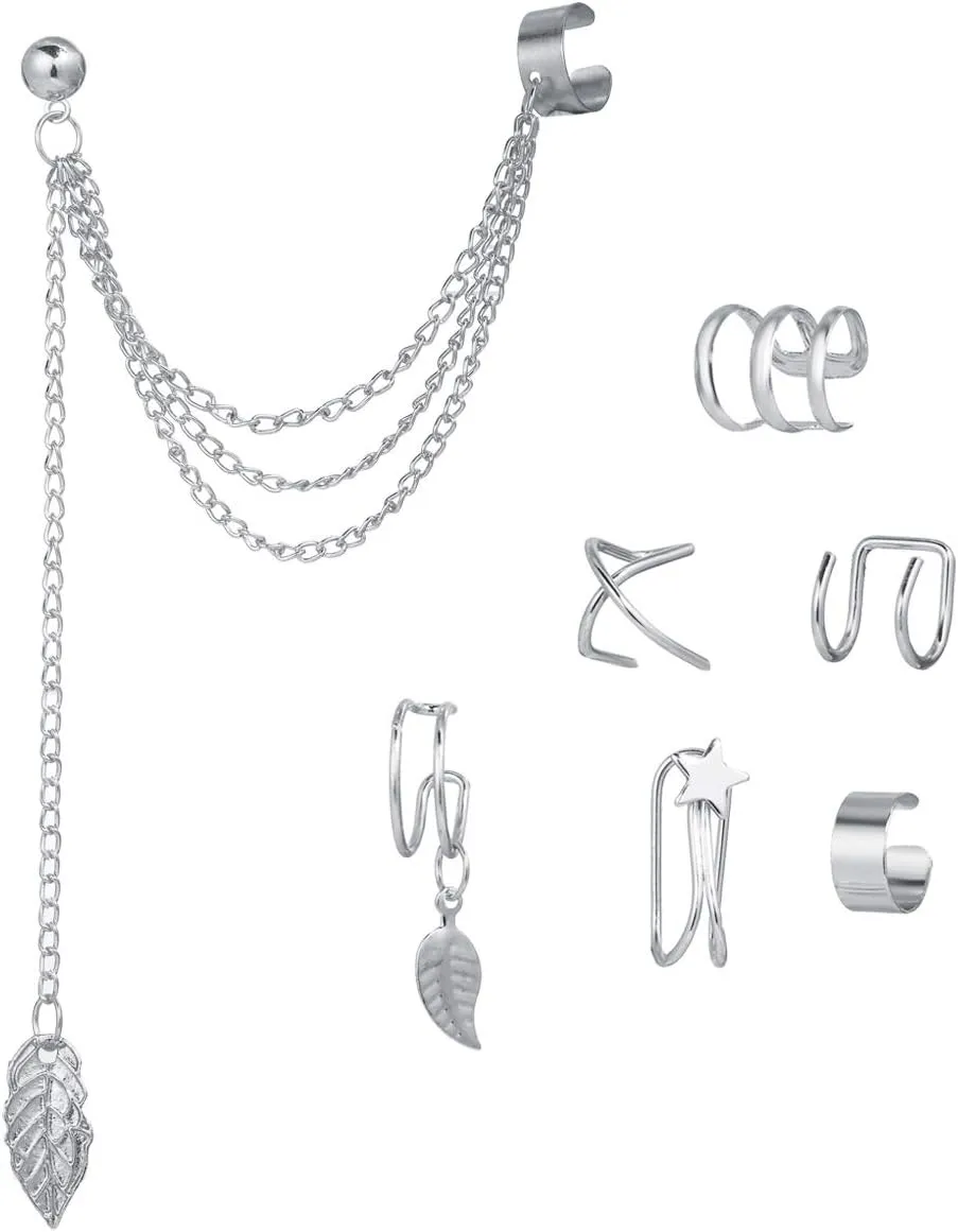 YUNXI Unique Retro Long And Short Rivet Earrings Ear Clips Fashion Goth Punk Tassel Chain Ear Cuff Earrings