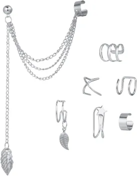YUNXI Unique Retro Long And Short Rivet Earrings Ear Clips Fashion Goth Punk Tassel Chain Ear Cuff Earrings