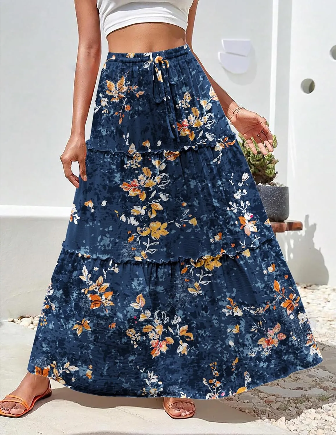 Zeagoo Womens Casual Maxi Skirts for Women 2025 High Waist Boho Skirts Floral Printed Long Flowy Skirt with Pockets