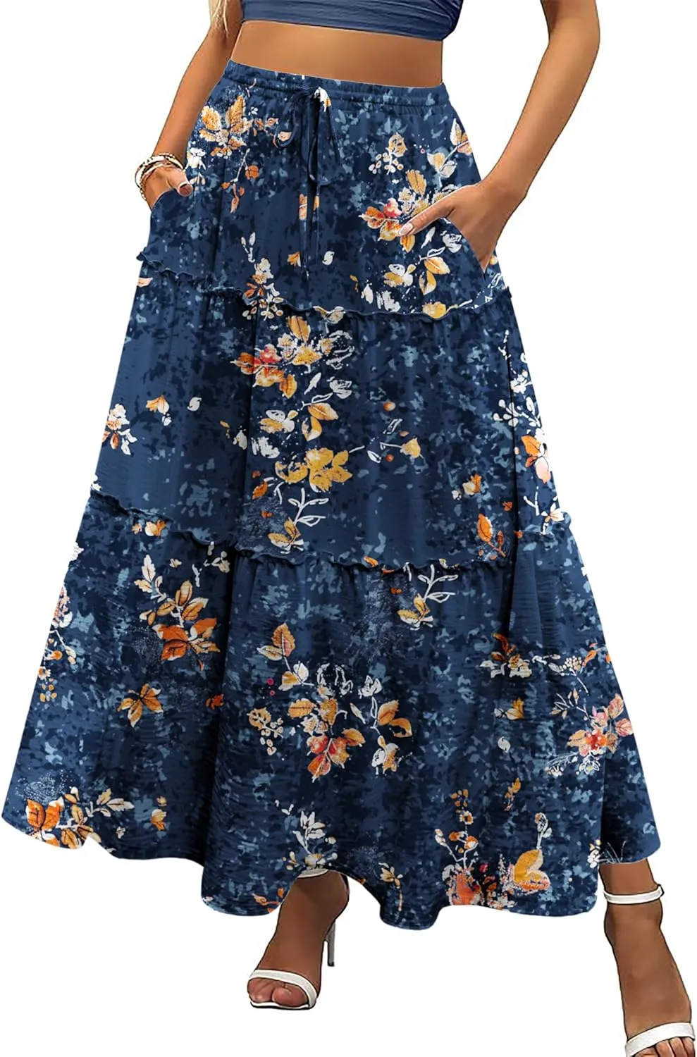 Zeagoo Womens Casual Maxi Skirts for Women 2025 High Waist Boho Skirts Floral Printed Long Flowy Skirt with Pockets