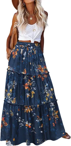 Zeagoo Womens Casual Maxi Skirts for Women 2025 High Waist Boho Skirts Floral Printed Long Flowy Skirt with Pockets