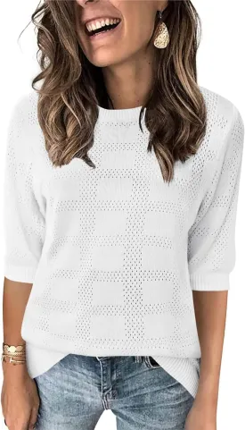 Zeagoo Womens Loose Short Sleeve Tunic Tops Lightweight Crew Neck Crochet Knit Pullover Sweater Blouses