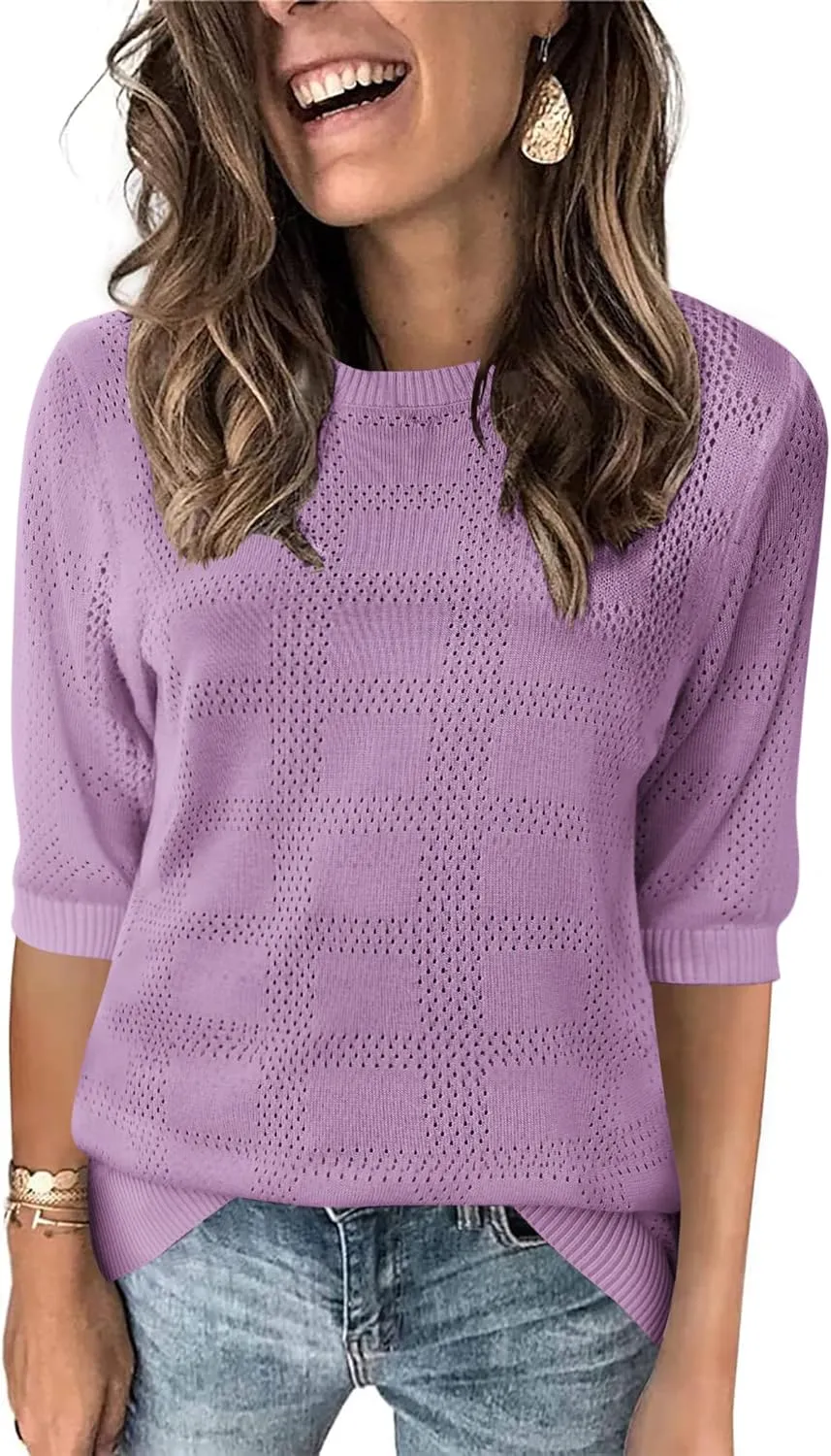 Zeagoo Womens Loose Short Sleeve Tunic Tops Lightweight Crew Neck Crochet Knit Pullover Sweater Blouses