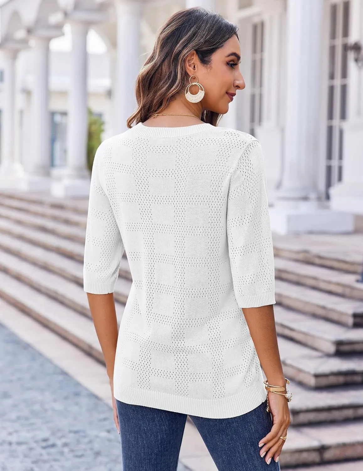 Zeagoo Womens Loose Short Sleeve Tunic Tops Lightweight Crew Neck Crochet Knit Pullover Sweater Blouses