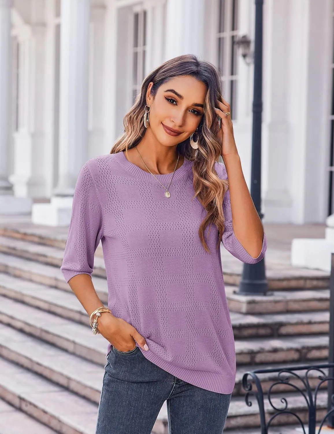 Zeagoo Womens Loose Short Sleeve Tunic Tops Lightweight Crew Neck Crochet Knit Pullover Sweater Blouses