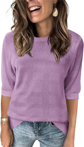 Zeagoo Womens Loose Short Sleeve Tunic Tops Lightweight Crew Neck Crochet Knit Pullover Sweater Blouses