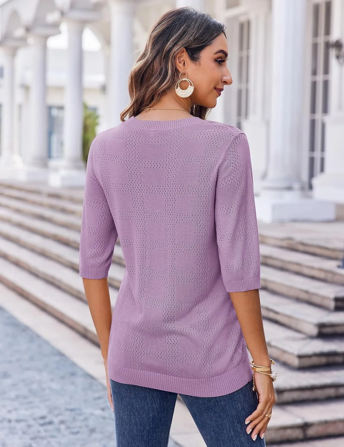Zeagoo Womens Loose Short Sleeve Tunic Tops Lightweight Crew Neck Crochet Knit Pullover Sweater Blouses