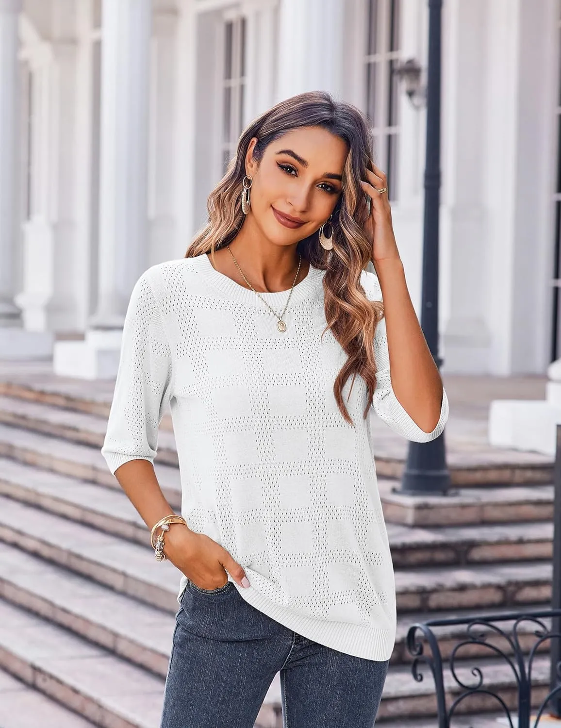 Zeagoo Womens Loose Short Sleeve Tunic Tops Lightweight Crew Neck Crochet Knit Pullover Sweater Blouses